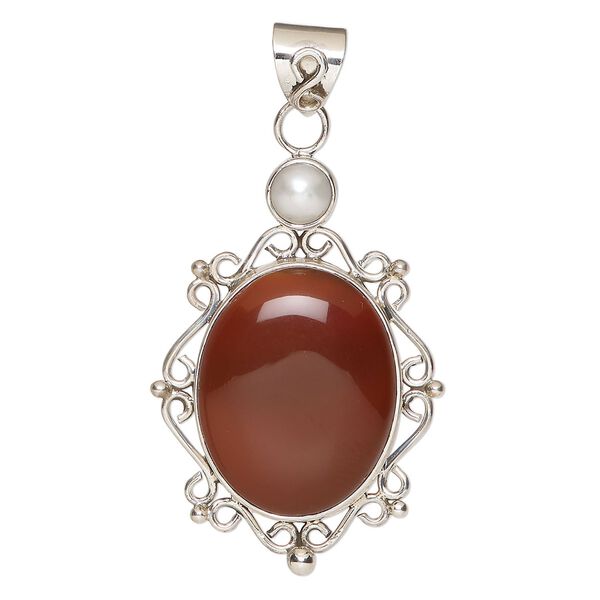Pendant, carnelian (dyed/heated)/ cultured freshwater pearl (bleached) / sterling silver, 46x32mm fancy oval. Sold individually. image number 0