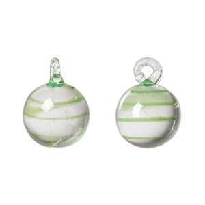 Drop, lampworked glass, green and clear, swirl, 14mm round. Sold per pkg of 2.