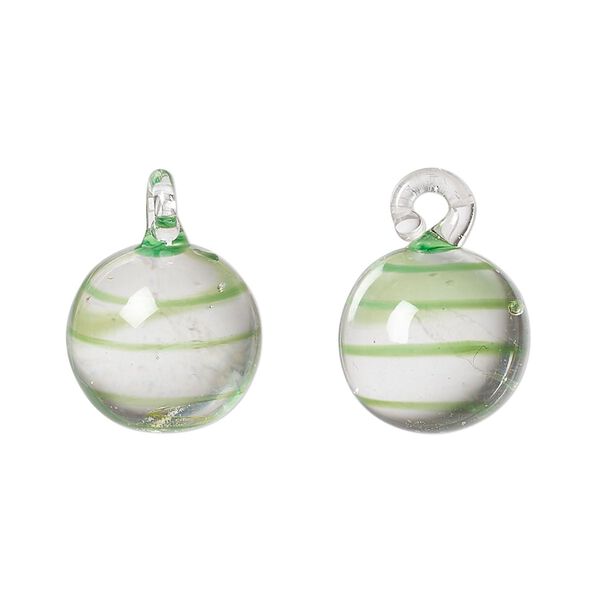 Drop, lampworked glass, green and clear, swirl, 14mm round. Sold per pkg of 2. image number 0