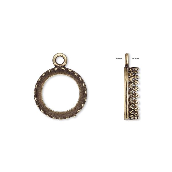 Drop, JBB Findings, antiqued brass, 13.5mm round with open back and decorative trim, 12mm round bezel setting. Sold per pkg of 2. image number 0