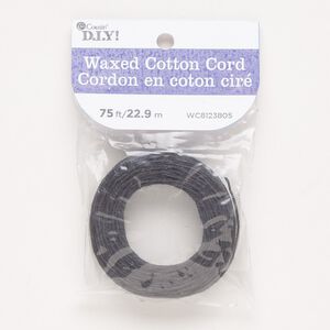Cord, waxed cotton, black, 1mm round. Sold per 75-foot pkg.