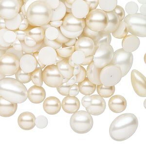 Cabochon, acrylic, cream, 10-20mm non-calibrated round and 14x8mm-24x18mm non-calibrated oval. Sold per 8-ounce pkg, approximately 355 pieces.