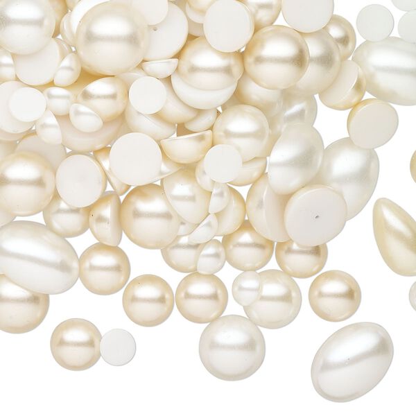 Cabochon, acrylic, cream, 10-20mm non-calibrated round and 14x8mm-24x18mm non-calibrated oval. Sold per 8-ounce pkg, approximately 355 pieces. image number 0