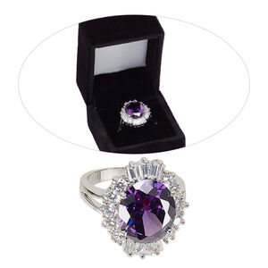 Ring, cubic zirconia and rhodium-finished brass, tanzanite purple and clear, 22mm fancy oval, size 8. Sold individually.