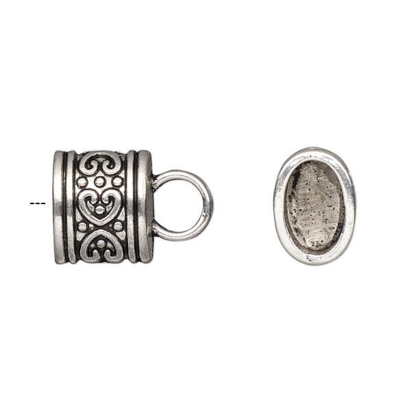 Cord end, glue-in, antique silver-finished "pewter" (zinc-based alloy), 12x11x9mm fancy oval, 9.5x6mm inside diameter. Sold per pkg of 4. image number 0