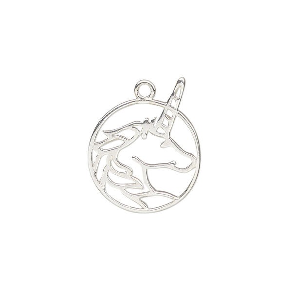 Charm Amoracast® 1pkg1 sterling silver, 18x14.5mm 2-sided open unicorn head round image number 0
