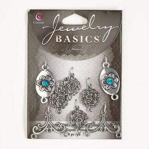 Link and drop assortment, antique silver-finished brass and glass, teal, 14.5mm-20x14mm mixed shapes. Sold per pkg of 8.