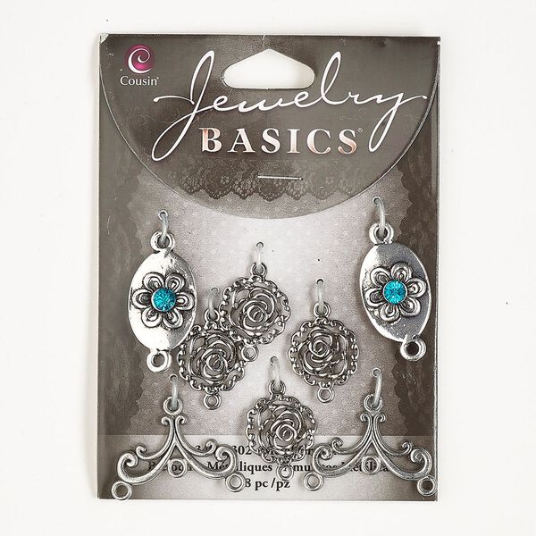 Link and drop assortment, antique silver-finished brass and glass, teal, 14.5mm-20x14mm mixed shapes. Sold per pkg of 8. image number 0