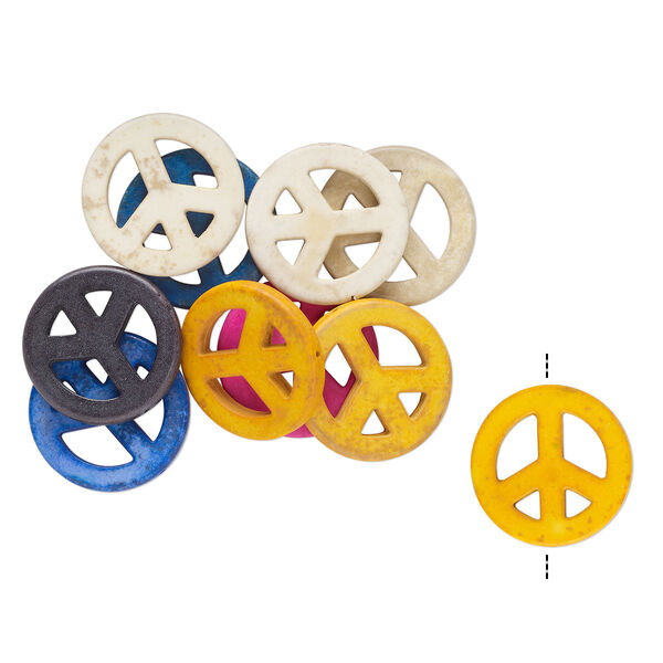 Bead mix, "howlite" (resin) (imitation), mixed colors, 35mm peace sign. Sold per pkg of 10. image number 1