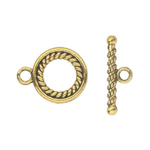 Clasp toggle 1pkg10 "pewter" (zinc alloy), 16mm double-sided round, antique gold-finished 1-strand