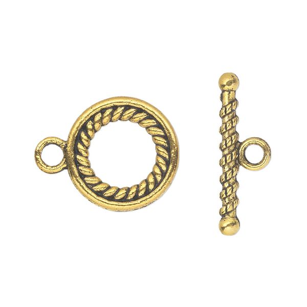 Clasp, toggle, antique gold-finished "pewter" (zinc-based alloy), 16mm double-sided round. Sold per pkg of 10. image number 0