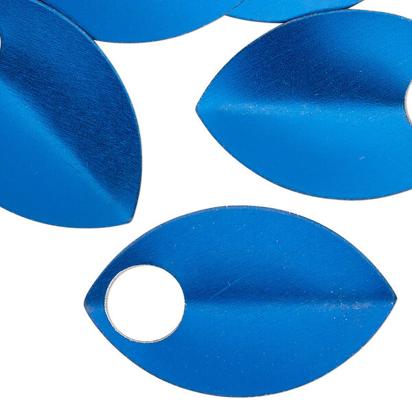 Component, anodized aluminum, blue, 36x22mm 2-sided curved scale blank with 8mm hole, 20 gauge. Sold per pkg of 20. image number 0