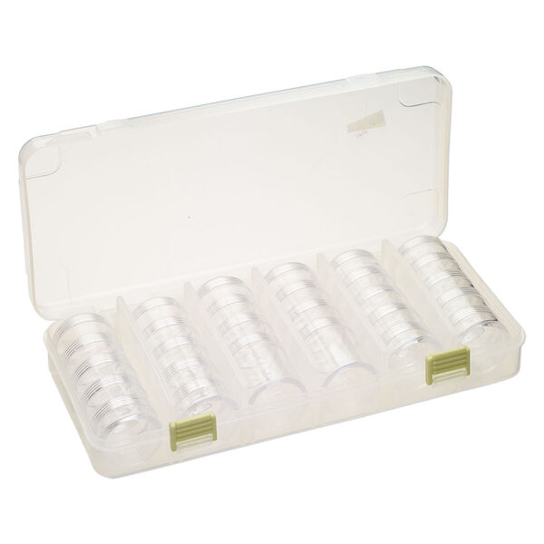 Organizer, plastic, clear, 10-5/8 x 5 x 1-3/4 inch rectangle, (26) 1-1/2x3/4 inch stackable jars and (2) 1-7/8 x 1-3/4 inch stackable jars, 5 removable compartments, snap closure. Sold individually. image number 1