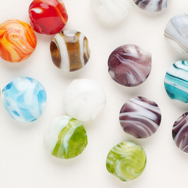 Bead, lampworked glass, opaque multicolored, 15-19mm puffed flat round with swirl design. Sold per pkg of 20. image number 0