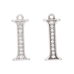 Charm, antique silver-finished "pewter" (zinc-based alloy) and glass, clear, 24x10mm letter "I". Sold per pkg of 2.
