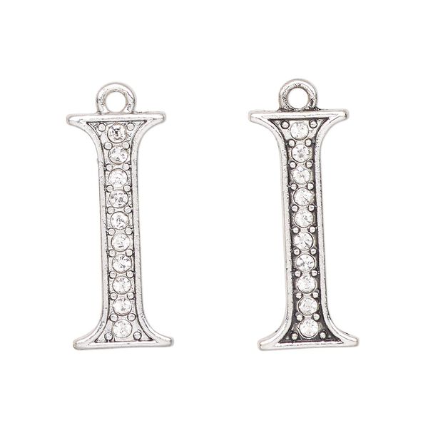 Charm, antique silver-finished "pewter" (zinc-based alloy) and glass, clear, 24x10mm letter "I". Sold per pkg of 2. image number 0