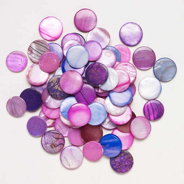 Mother-of-pearl shell 1pkg6oz, puffed flat round bead mix multi-purple 17-20mm image number 1