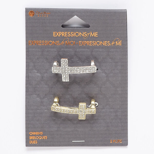 Slide, glass / gold- / silver-finished "pewter" (zinc-based alloy), clear, 30x17mm cross with 6.5mm hole. Sold per pkg of 2. image number 0
