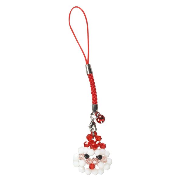 Zipper pull, nylon / glass / steel / aluminum / "pewter" (zinc-based alloy), multicolored, 4-1/2 inches with 6mm bell and 28x26mm Santa Claus with lobster claw clasp. Sold individually. image number 0