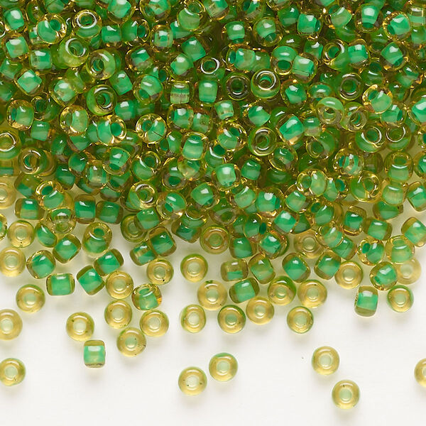 Seed bead, Dyna-Mites™, glass, translucent inside color lime green, #8 round. Sold per 40-gram pkg. image number 0