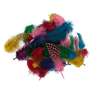 Feather mix, Guinea (dyed), mixed colors, 2-4 inches. Sold per 0.1 ounce pkg, approximately 95 feathers.