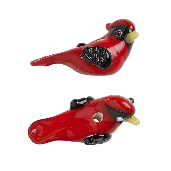 Bead, lampworked glass, multicolored, 28x17mm-31x17mm cardinal with folded wings. Sold per pkg of 2. image number 0