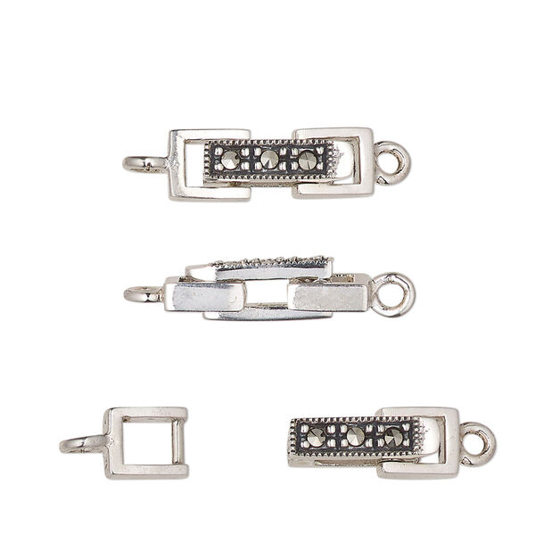 Clasp, fold-over, marcasite (natural) and antiqued sterling silver, 17x6mm rectangle. Sold individually. image number 0