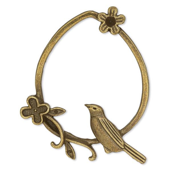 Focal, antique brass-plated "pewter" (zinc-based alloy), 48x40mm single-sided open teardrop with cutout bird and flower design. Sold per pkg of 2. image number 0