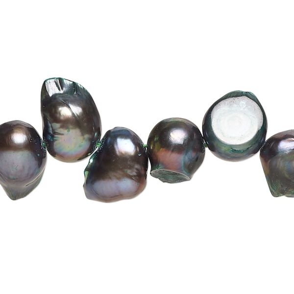 Pearl, cultured freshwater (dyed), gunmetal green, 9x7mm-17x10mm baroque with 0.4mm hole, D grade, Mohs hardness 2-1/2 to 4. Sold per 15-inch strand. image number 0