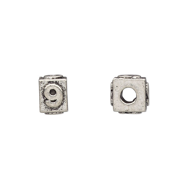 Bead, antiqued pewter (tin-based alloy), 8x6mm rectangle with number "9." Sold per pkg of 4. image number 0