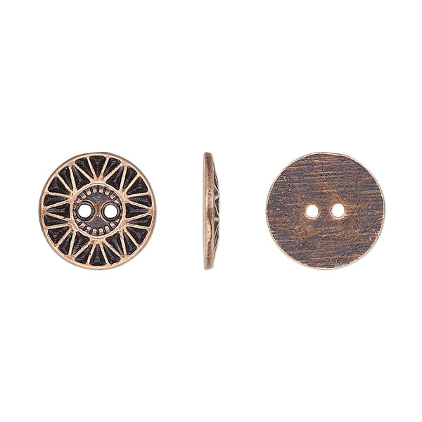 Button, antiqued copper-finished "pewter" (zinc-based alloy), 12.5mm single-sided flat round with sunburst design. Sold per pkg of 50. image number 0
