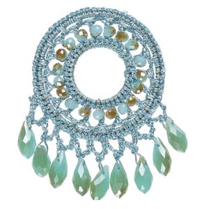 Focal, glass / nylon / steel, turquoise blue and copper, 58x56mm-64x62mm open round with fringe. Sold individually.