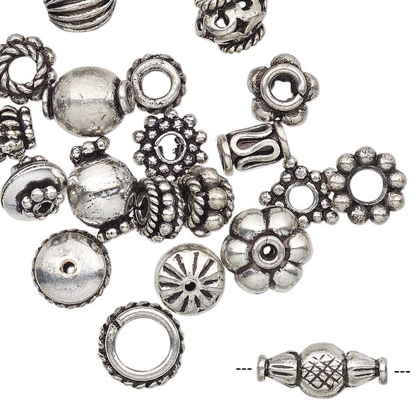 Bead, antique silver-plated copper, 4x1mm-11x5mm assorted shape. Sold per pkg of 20. image number 0