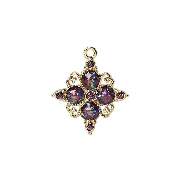 Drop, cubic zirconia / acrylic / gold-finished "pewter" (zinc-based alloy), purple and dark purple opalescent, 19mm single-sided diamond. Sold individually. image number 0