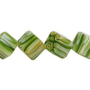 Bead, millefiori glass, spring green, 13-15mm diagonally drilled cube with flower and stripe design. Sold per 14-inch strand.