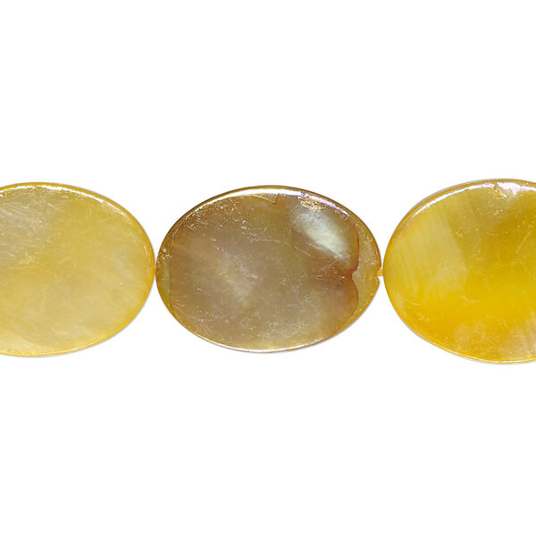 Bead, mother-of-pearl shell (dyed), orange-yellow AB, 18x14mm-20x15mm flat oval with 0.4-0.6mm hole, Mohs hardness 3-1/2. Sold per 15-inch strand. image number 0