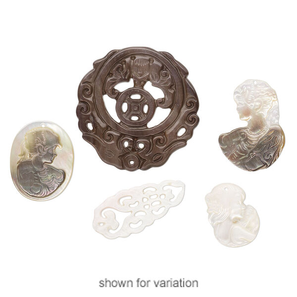 Drop mix, black lip shell / gold lip shell / mother-of-pearl shell (natural / bleached / dyed), mixed colors, 19x11mm-48x46mm mixed shape, Mohs hardness 3-1/2. Sold per pkg of 5. image number 1