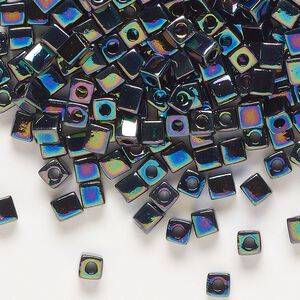 Seed bead, Miyuki, glass, pkg/25g, 3.5-3.7mm square, opaque rainbow black (SB-401R).