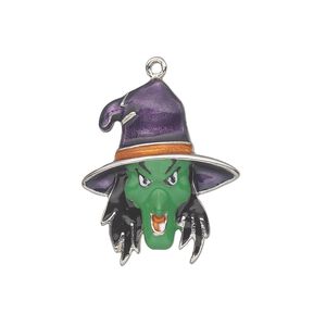 Charm, silver-plated "pewter" (zinc-based alloy) and enamel, multicolored, 25x21mm single-sided witch's head. Sold individually.