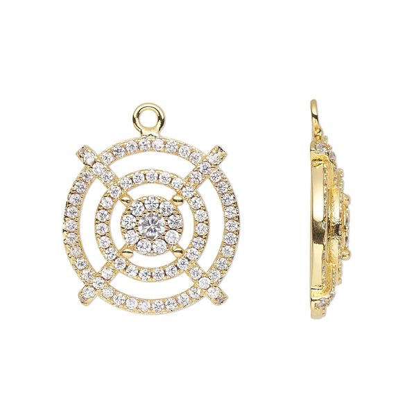 Drop, cubic zirconia and gold-finished brass, clear, 22mm single-sided round. Sold individually. image number 0