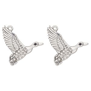 Charm, antique silver-finished "pewter" (zinc-based alloy) and glass, clear and black, 28x24mm single-sided duck. Sold per pkg of 2.