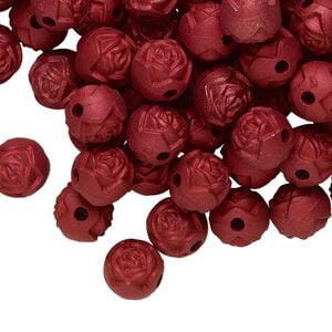 Bead, acrylic, opaque red, 8mm round rose. Sold per pkg of 100.