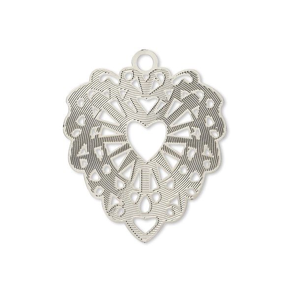 Drop, Lazer Lace™, silver-plated brass, 26x24mm fancy heart. Sold per pkg of 2. image number 0