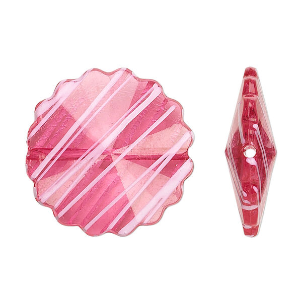 Bead, acrylic, semitransparent fuchsia and white, 25mm faceted round flower with painted line design. Sold per pkg of 48. image number 0
