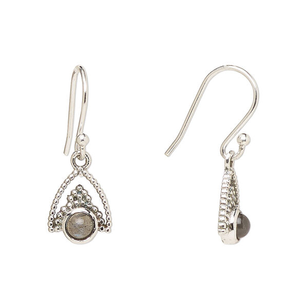 Ear wire, Create Compliments®, antiqued sterling silver and labradorite (natural), fishhook, 24.5mm with 11x9mm single-sided beaded arrowhead, 21 gauge. Sold per pair. image number 0