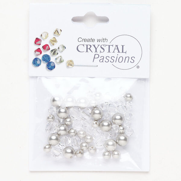 Crystal / crystal pearl 1pkg50 Crystal Passions® bicone bead / round pearl mix crystal clear / light grey 4mm / 6mm 5328 image number 0