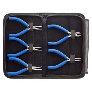 Pliers set, side-cutter / round-nose / flat-nose / chain-nose / curved chain-nose, stainless steel / PVC foam / vinyl, blue, 5 inches with 10x6x1-1/4 inch case. Sold per 5-piece set.