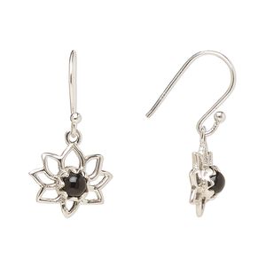 Earring, Create Compliments®, antiqued sterling silver and black onyx (dyed), fishhook, 26mm with 14.5x12mm single-sided open lotus, 21 gauge. Sold per pair.