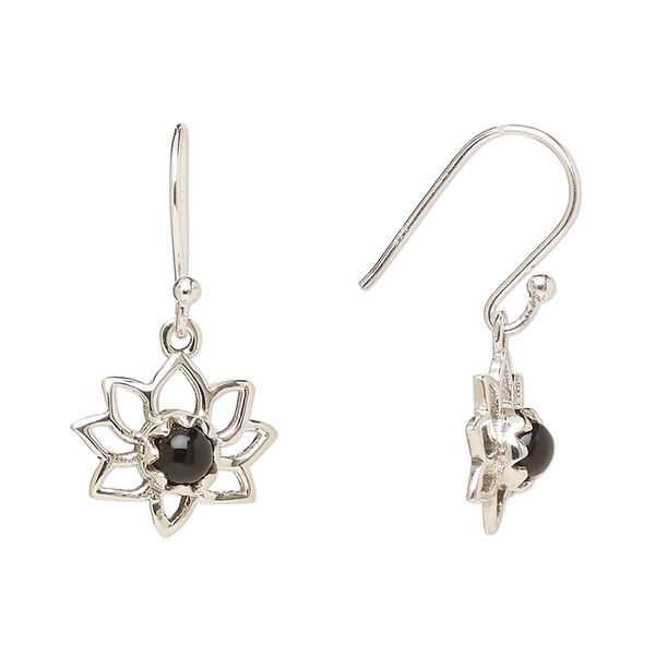 Earring, Create Compliments®, antiqued sterling silver and black onyx (dyed), fishhook, 26mm with 14.5x12mm single-sided open lotus, 21 gauge. Sold per pair. image number 0