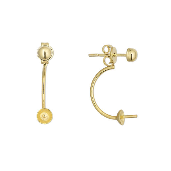 Earstud, gold-finished sterling silver, 20mm with 4mm half-ball / 4mm cup / 2-4mm peg, fits 6-10mm half-drilled bead. Sold per pair. image number 0